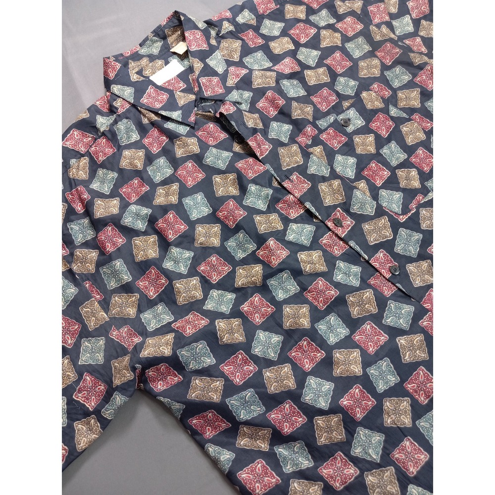 Vintage 90s SUMMA Silk Shirt XL Geometric Diamond‎ Patchwork Dadcore